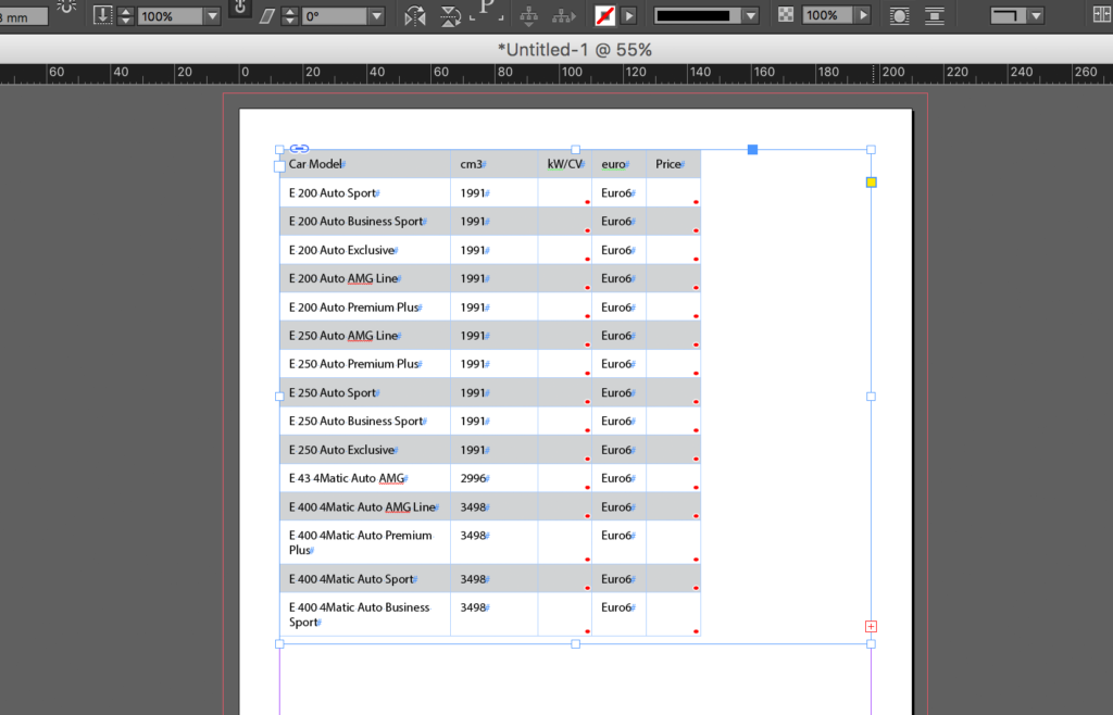 Import an Excel file into InDesign: linked table