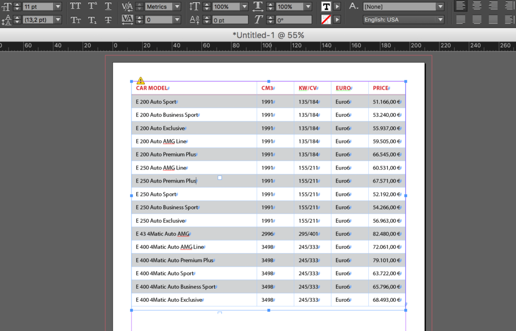 Import an Excel file into InDesign: warning-triangle