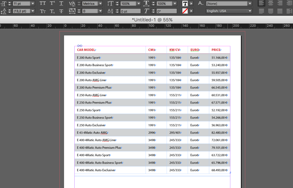 Import an Excel file into InDesign: imported table