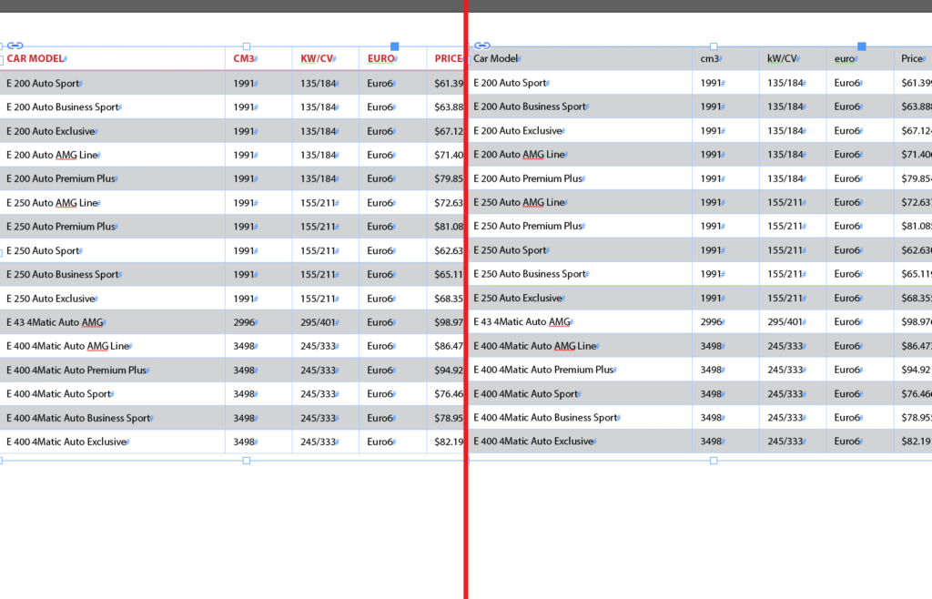 Import an Excel file into InDesign: previous version and updated version