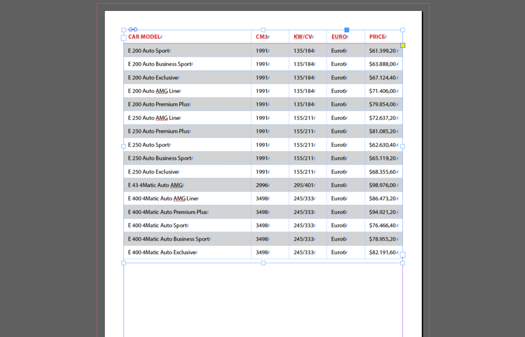 Import an Excel file into InDesign: updated table