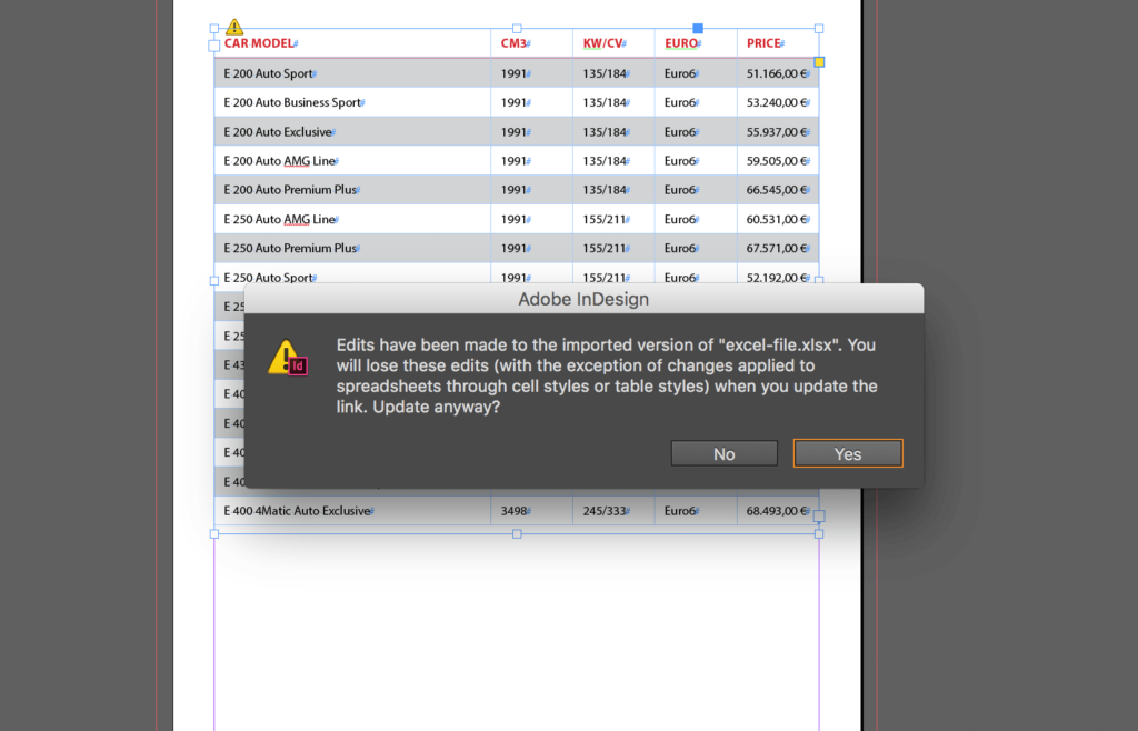 Import an Excel file into InDesign: warning-triangle