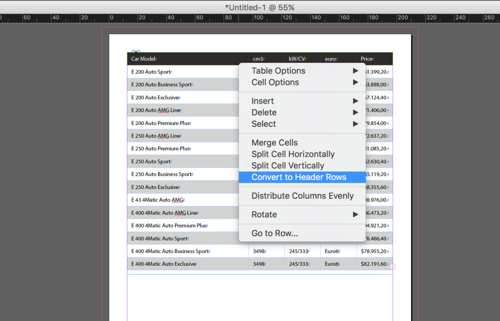 Import an Excel file into InDesign: convert to header rows