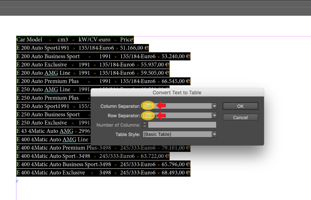 Import table from Word to InDesign: column and row separator