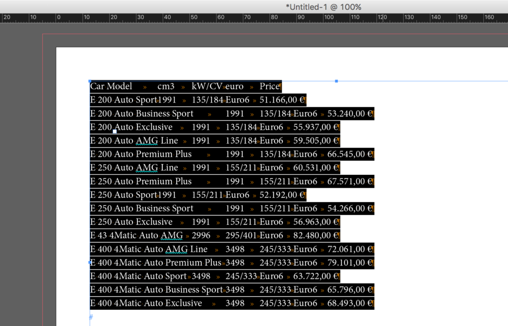 Import table from Word to InDesign: select the text to convert to table