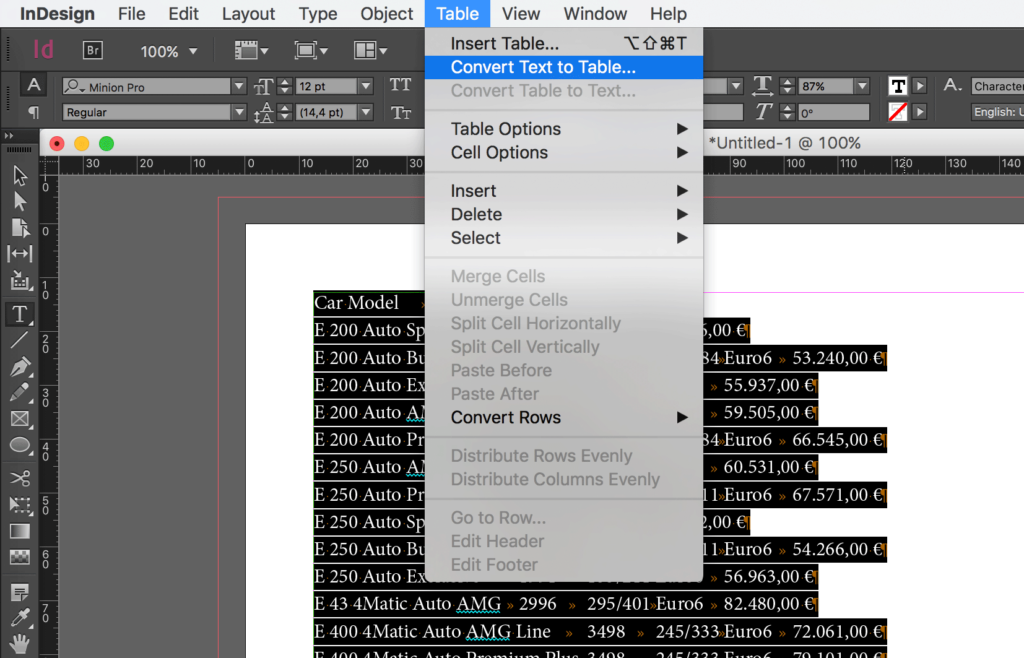 Import table from Word to InDesign: convert text to table