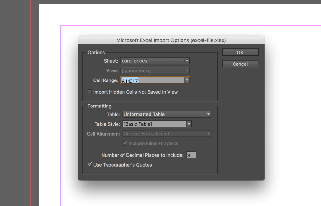 Import an Excel file into InDesign: select the file and click OK