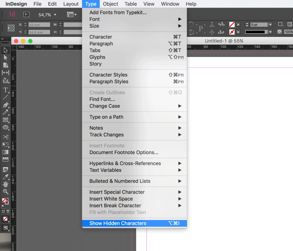 InDesign Hidden Characters: Turn on Show Hidden Characters