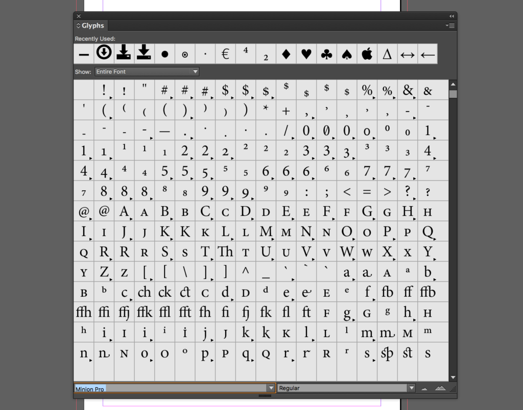 InDesign Glyphs window