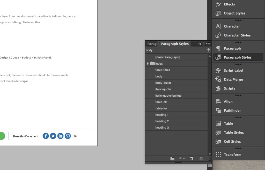 InDesign Paragraph Styles menu