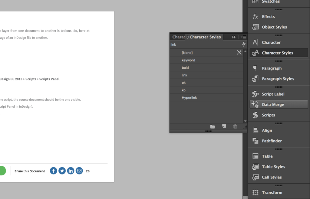 InDesign Characters Styles menu