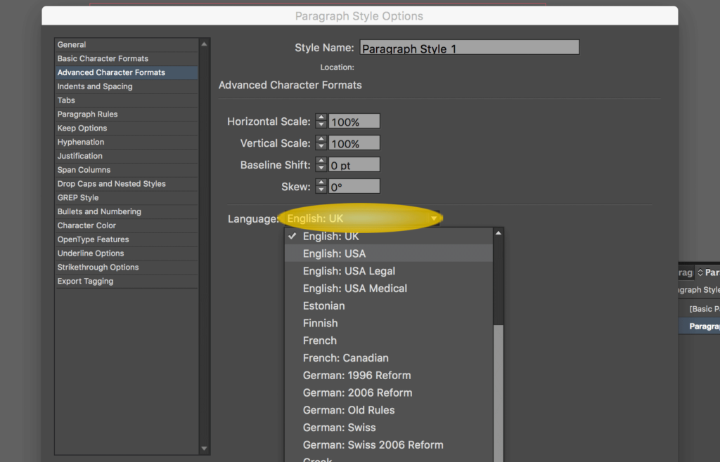 Set Text Language in InDesign