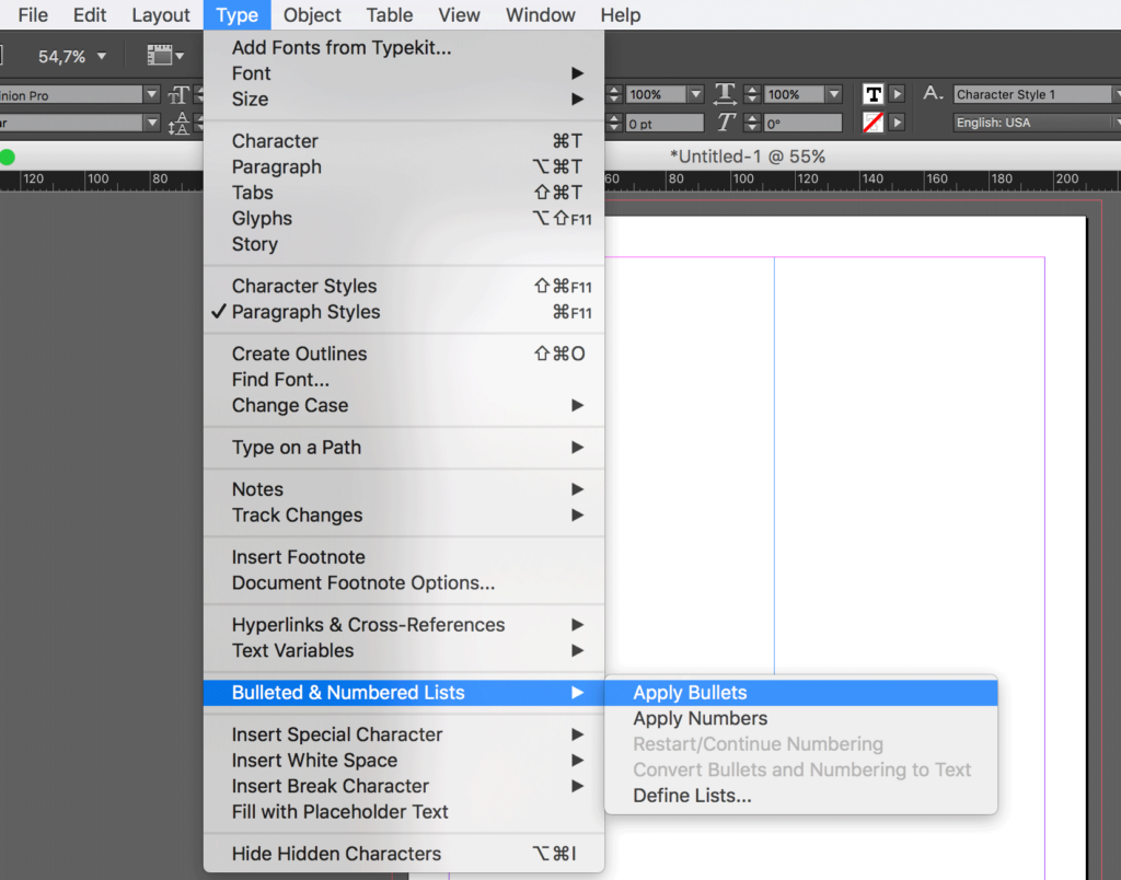 Use InDesign bulleted lists and numbered lists properly