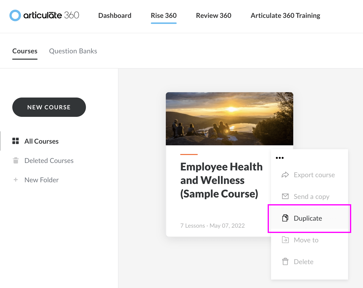 how to duplicate course on rise 360