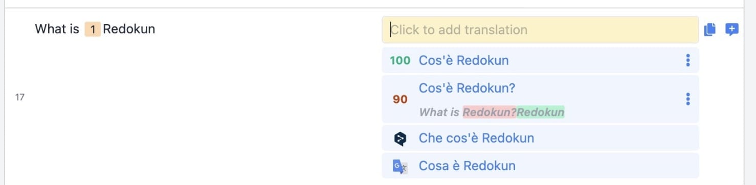 Machine translation suggestions in Redokun by Google Translate and DeepL
