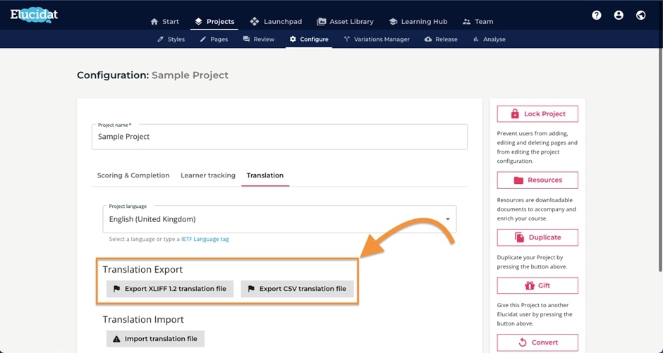 eludicat export xliff translation file