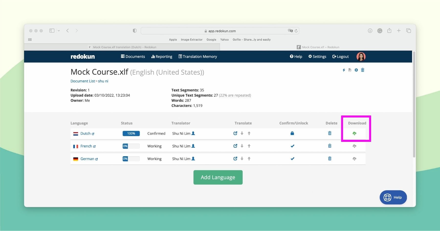 Download the translated XLIFF from Redokun