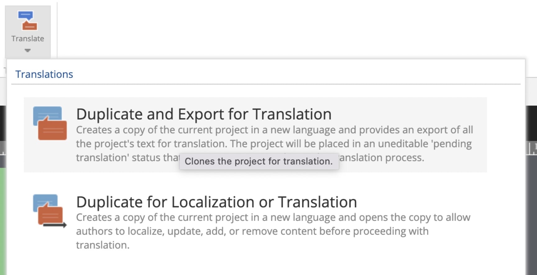 Dominknow Translate menu with two options: export for translation/ export for localization