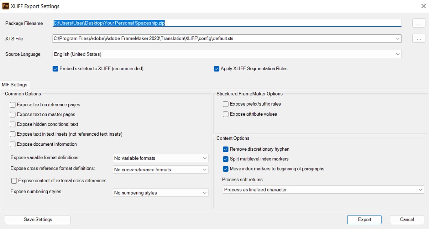 framemaker xliff export settings