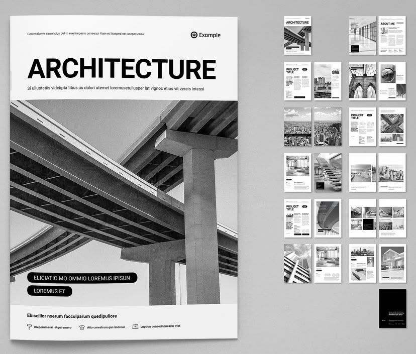 Black and white architecture portfolio template spread with heavy headline type on white pages