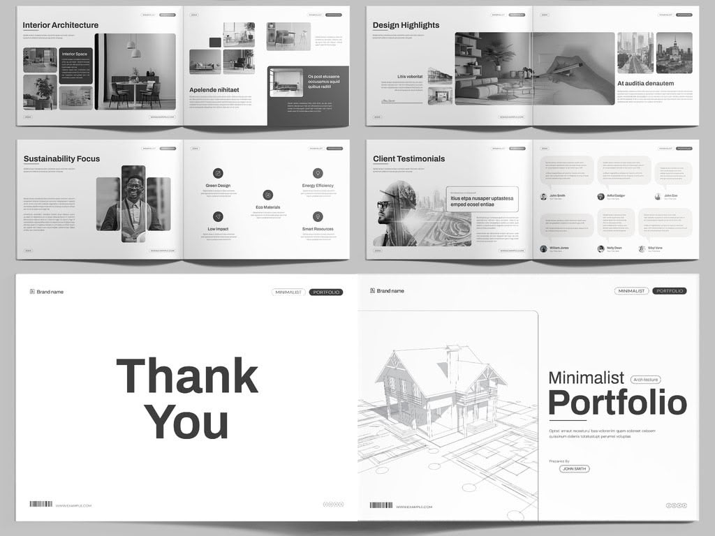 White editorial architecture portfolio booklet with warm neutral accent blocks