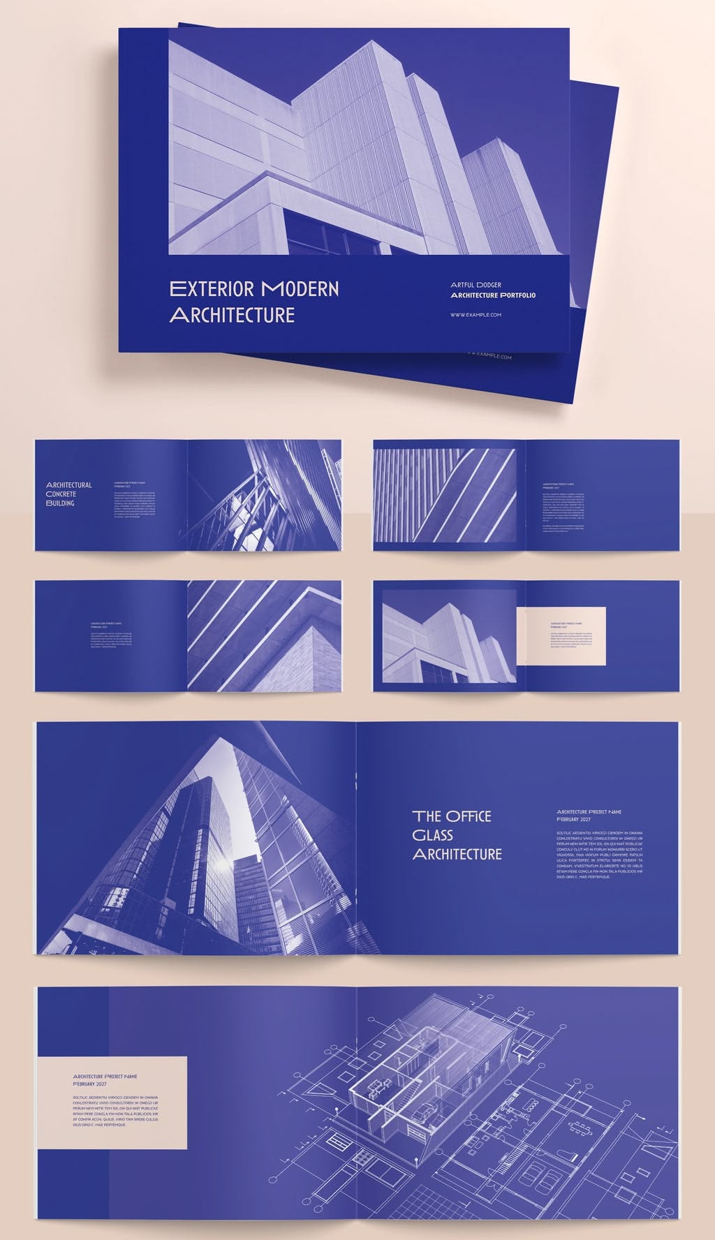 Landscape architecture portfolio template in deep sky blue with soft cream accents