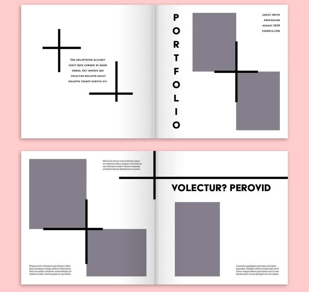 Square black and white portfolio template with pitch-black panels framing bright images