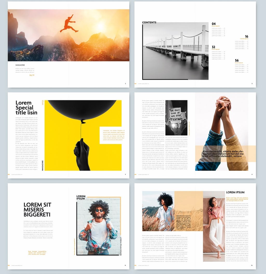 Bright magazine-style portfolio template with playful headline type and yellow accents