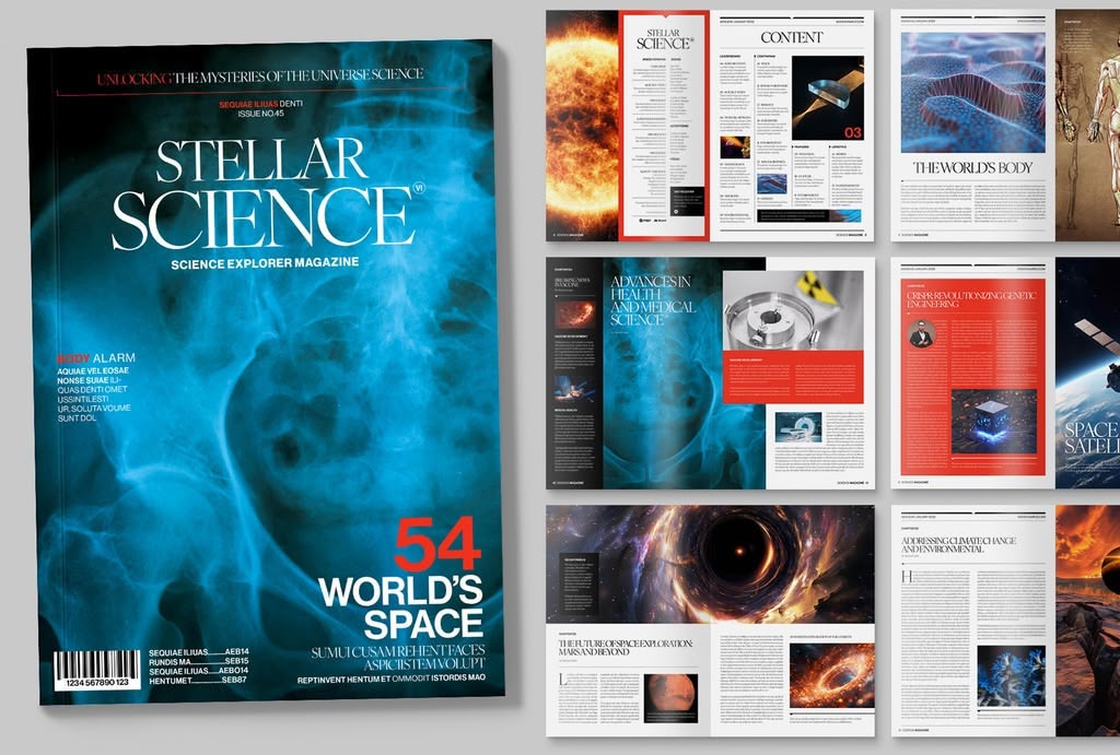 Science Magazine Template for InDesign, cover and spread previews