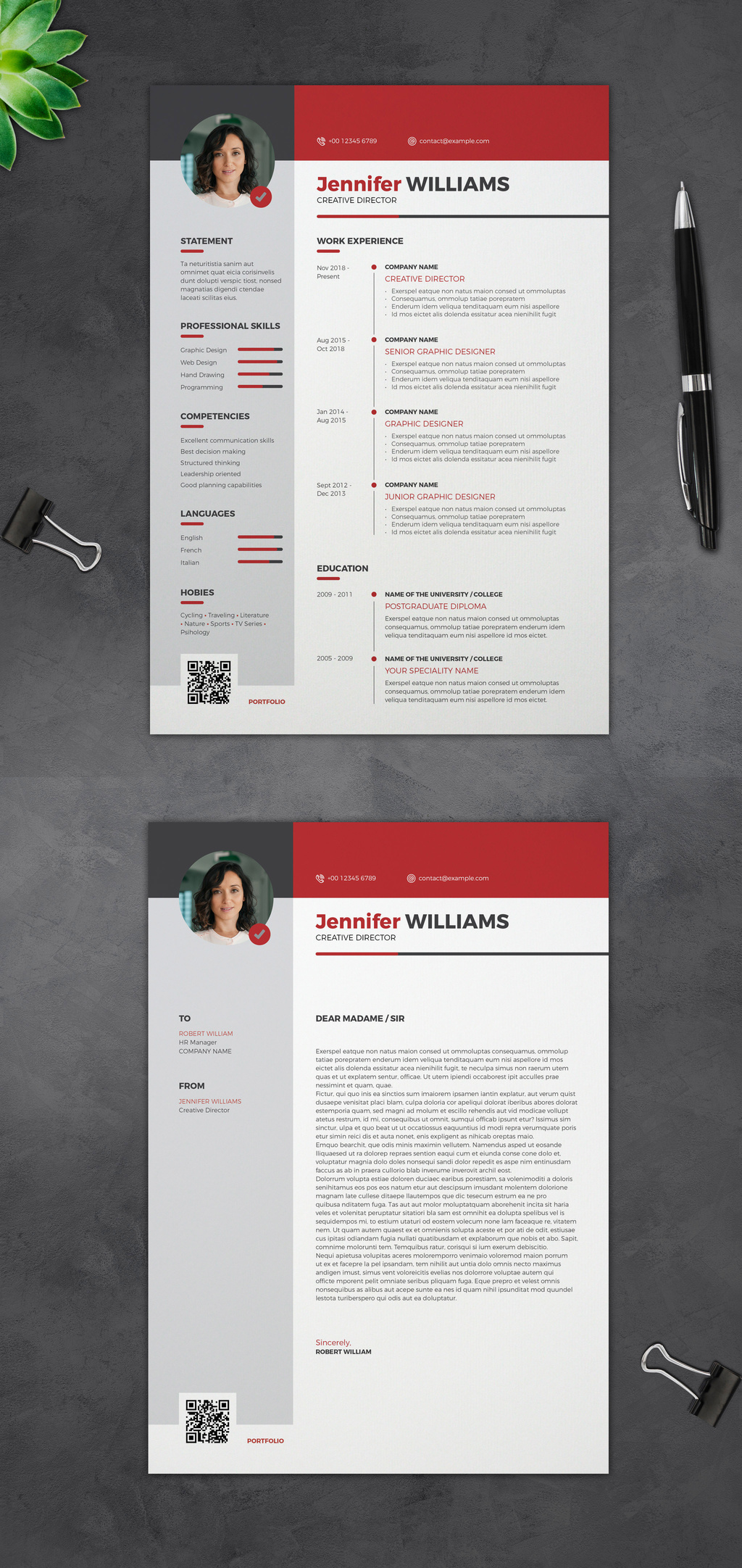 InDesign resume and cover letter layout with red accents