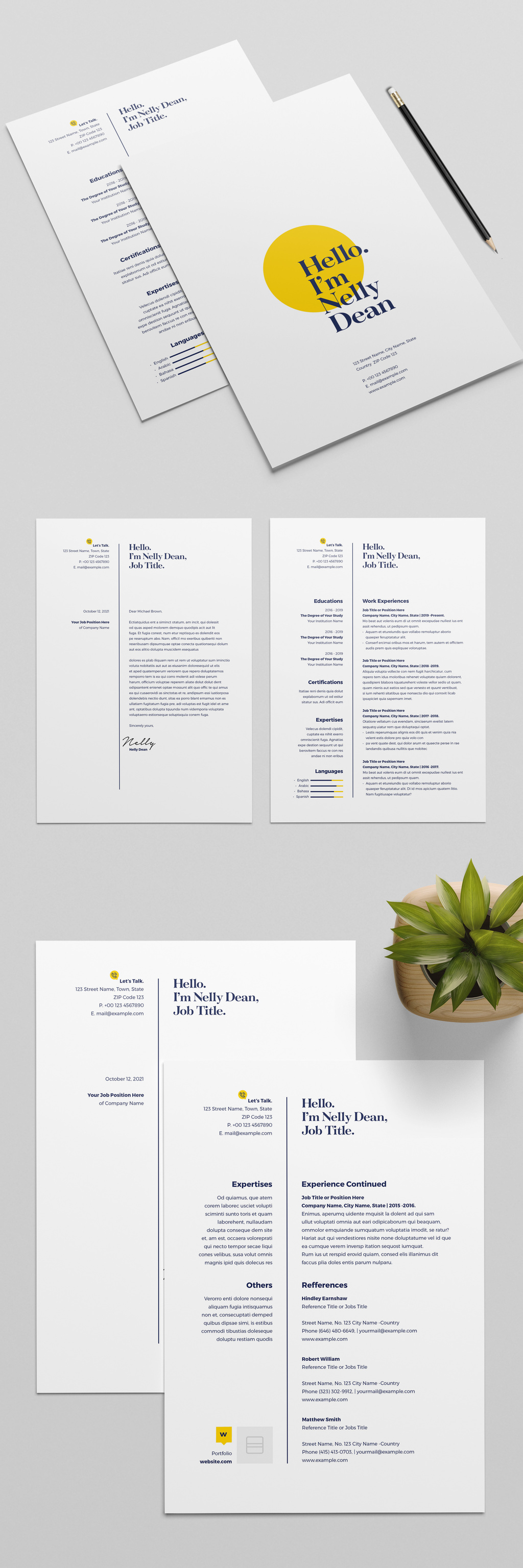 InDesign resume and cover letter layout in navy with yellow accents