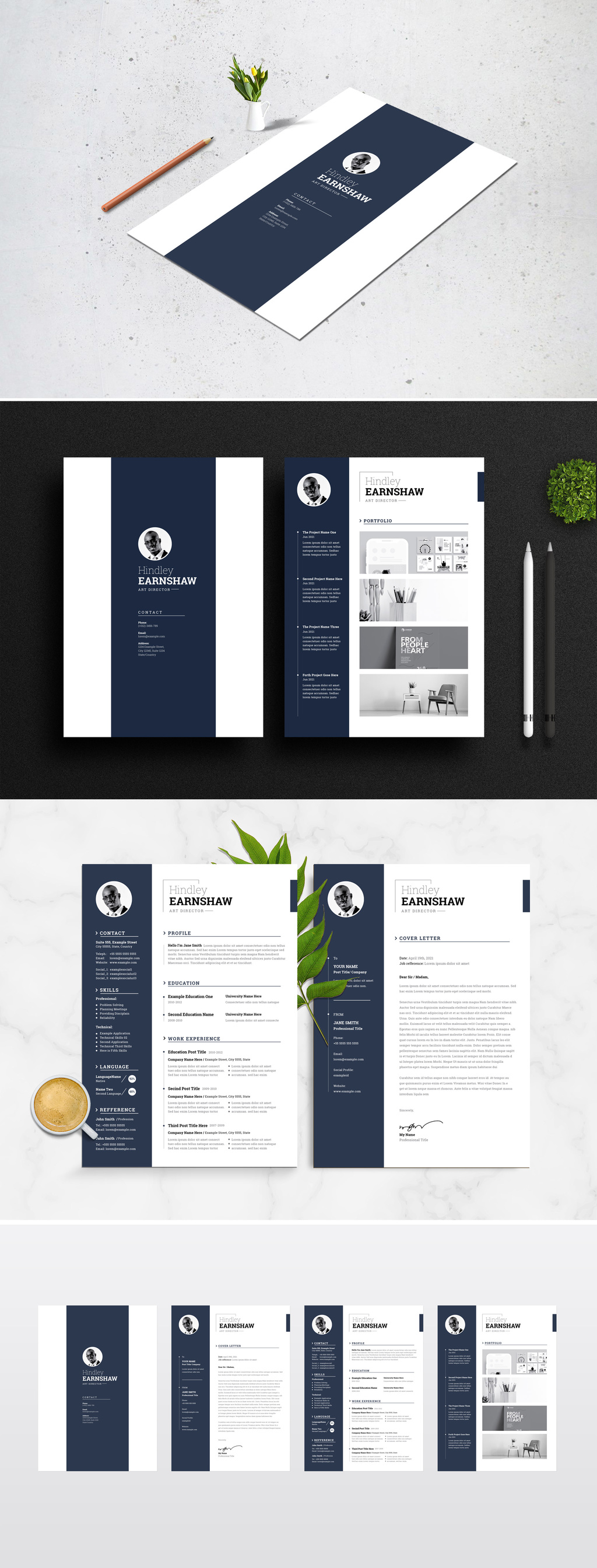 InDesign resume and cover letter layout with a dark blue sidebar