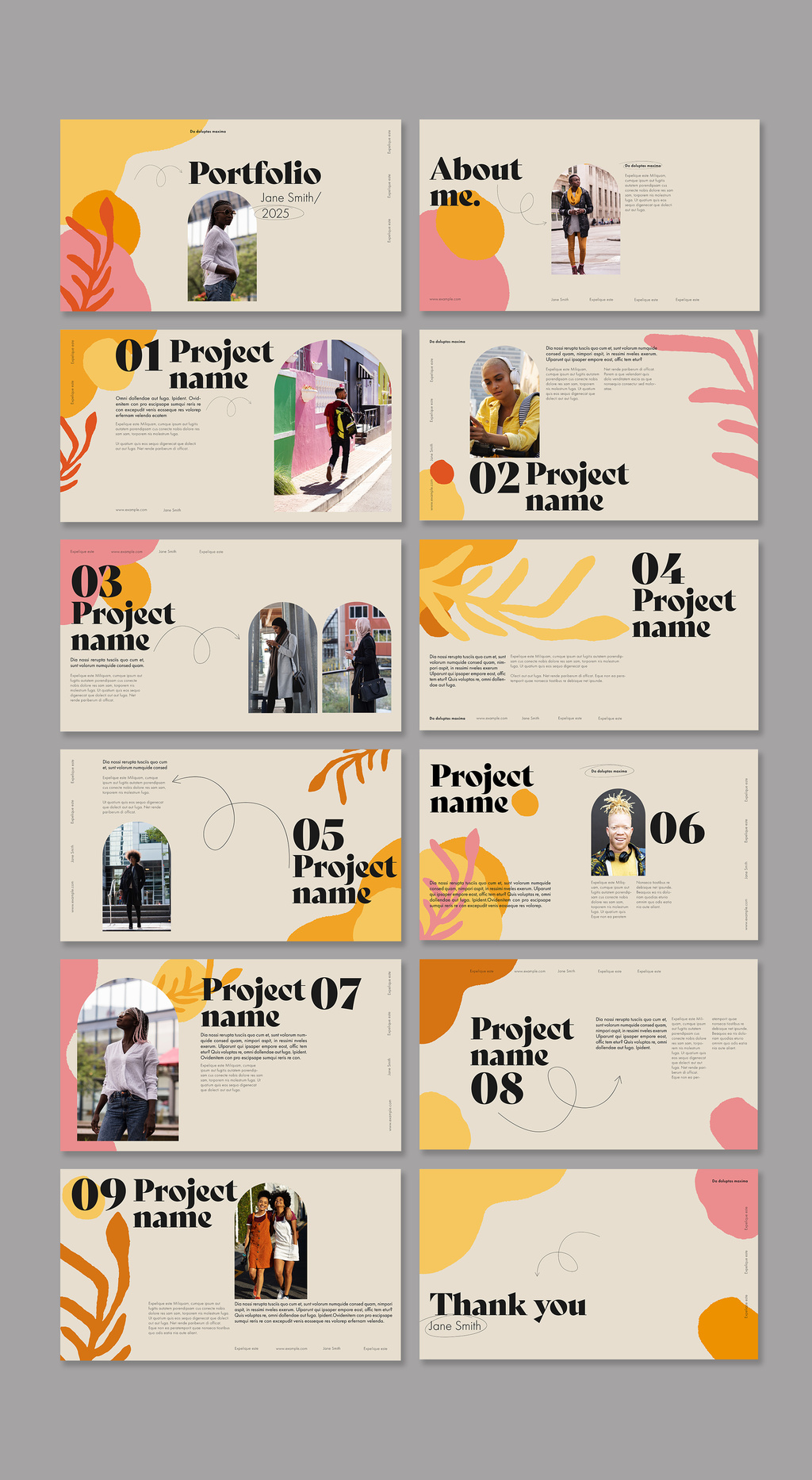 Minimal InDesign portfolio layout with cut-paper illustrative shapes in mustard, orange, and rose