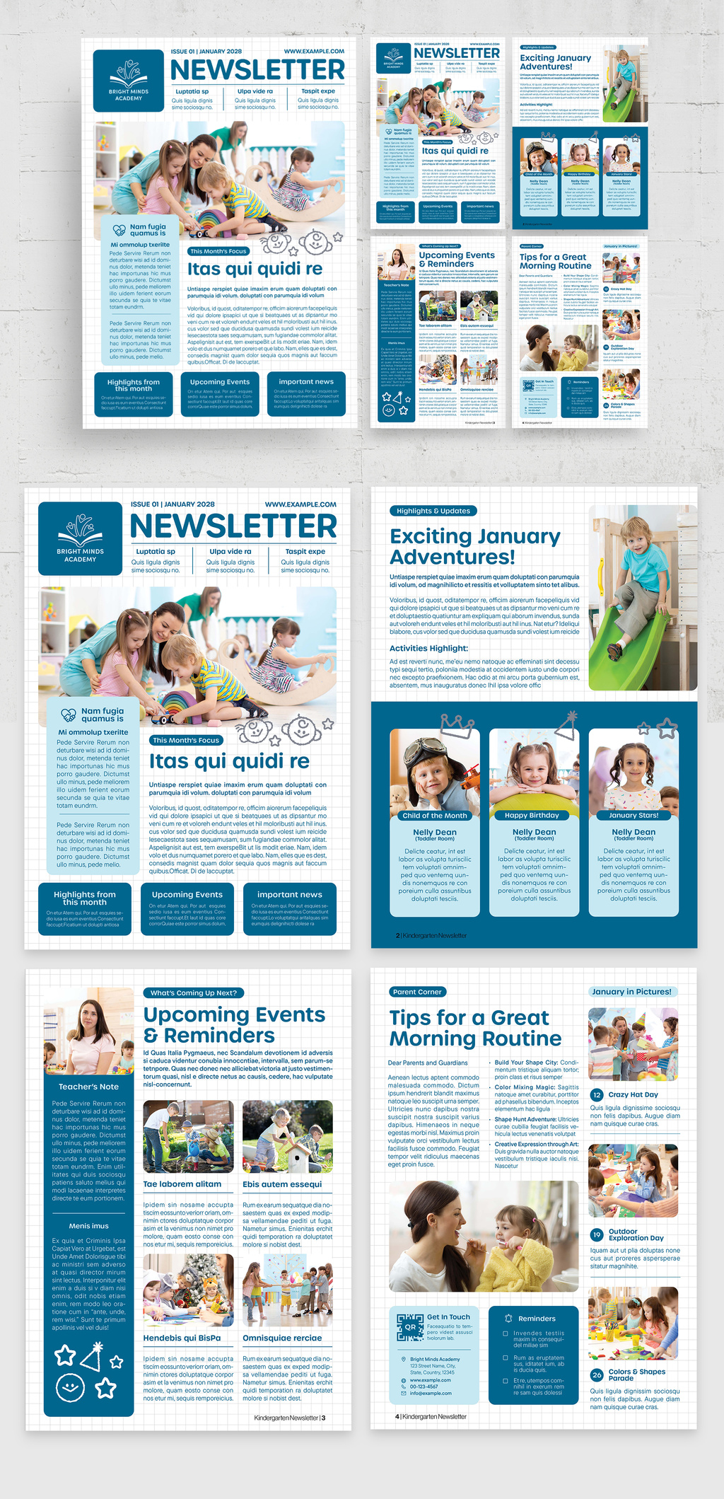 Kindergarten Newsletter InDesign template, cover and interior pages
