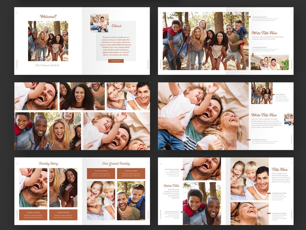 White and Tan Photo Album Layout InDesign template, landscape family photobook spreads with tan and terracotta accents