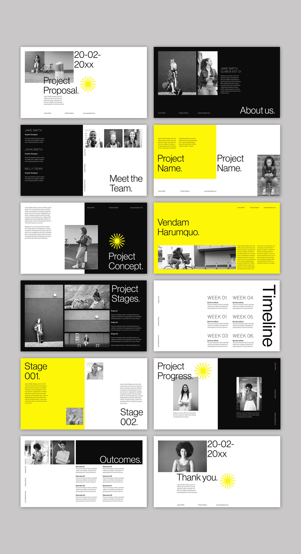 Minimal Yellow Pitch Deck InDesign template, slide previews
