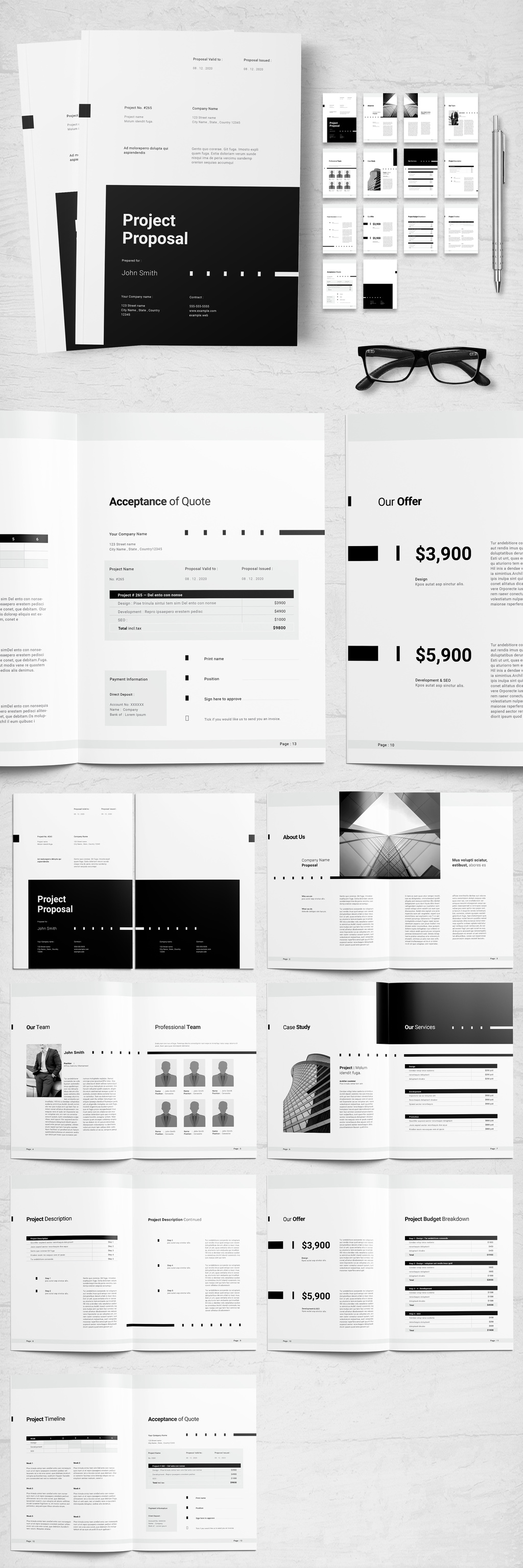 Black and White Project Proposal InDesign template, cover mockup and interior spreads