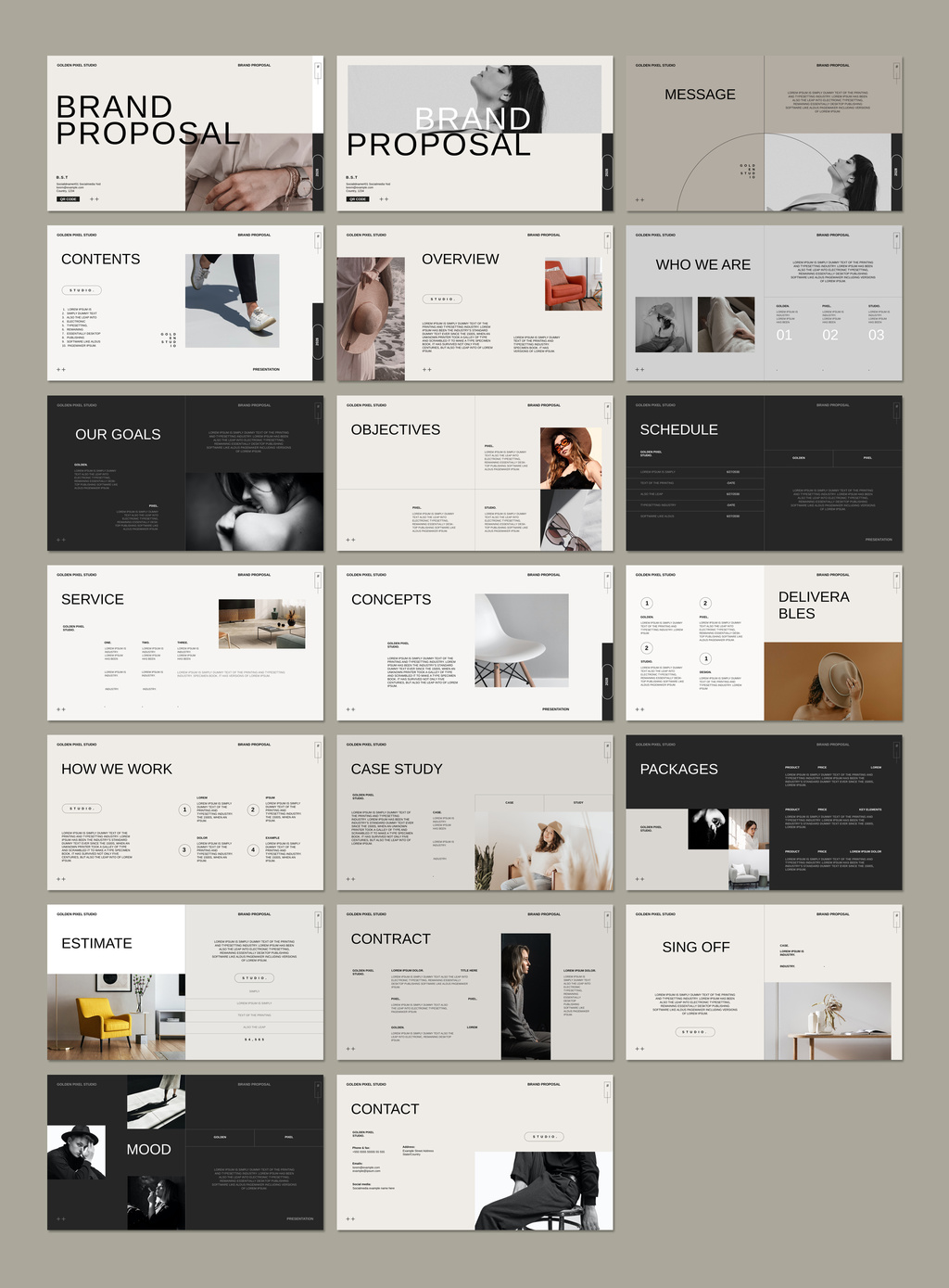 Brand Proposal Layout InDesign template, cream and beige slide previews