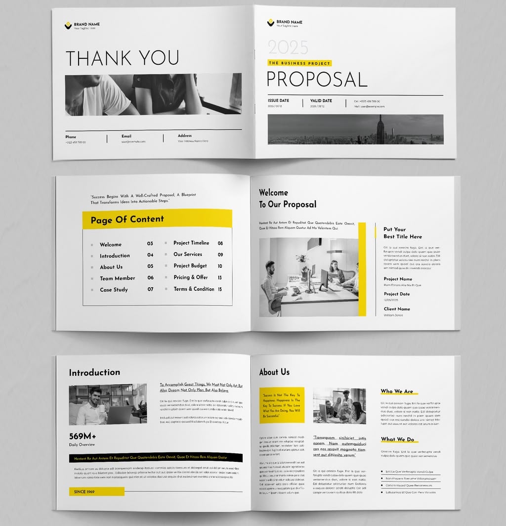 Landscape InDesign proposal template with yellow highlights, page previews