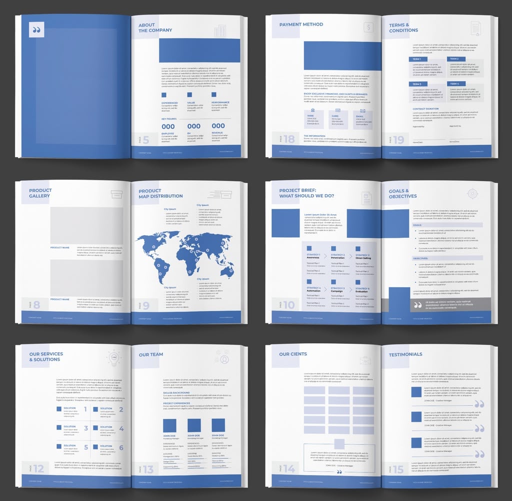 Minimal blue and white InDesign business proposal template, page previews