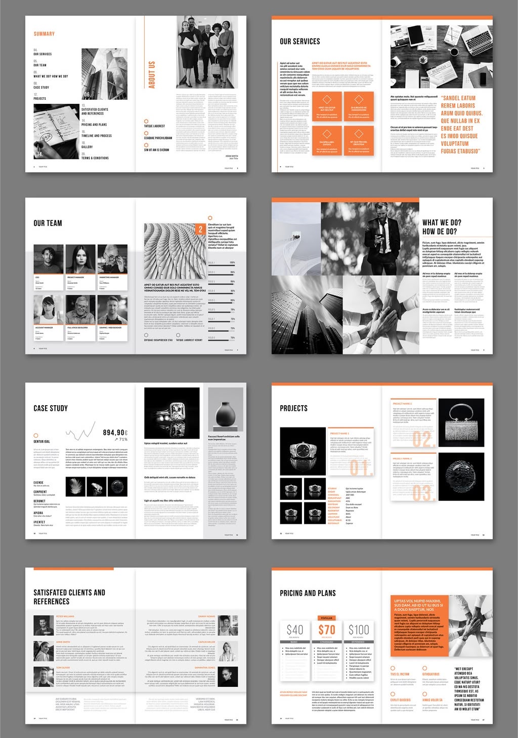 White InDesign business proposal template with bold orange accents, page previews