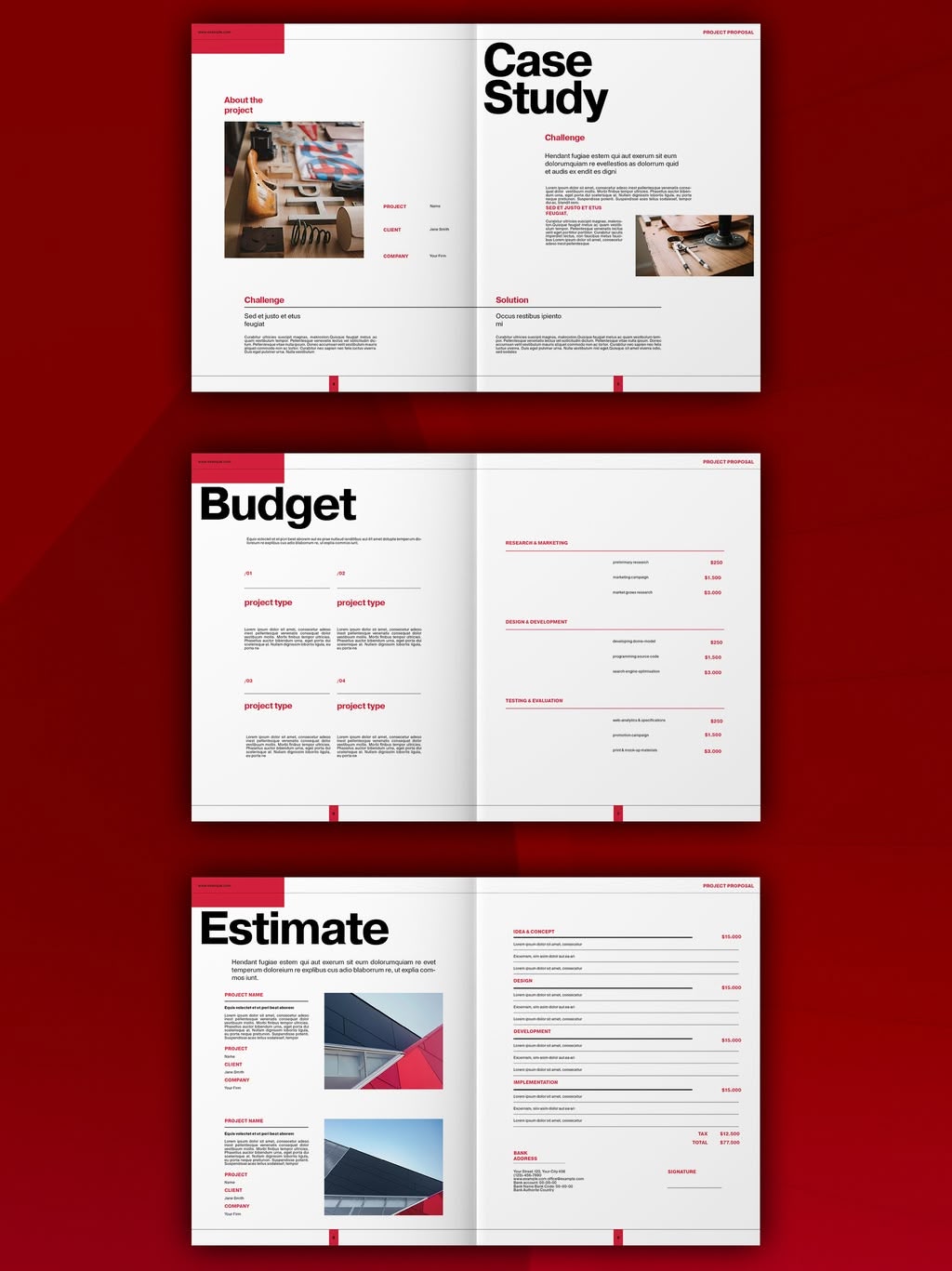White InDesign proposal template with red accents and plus-sign details, page previews