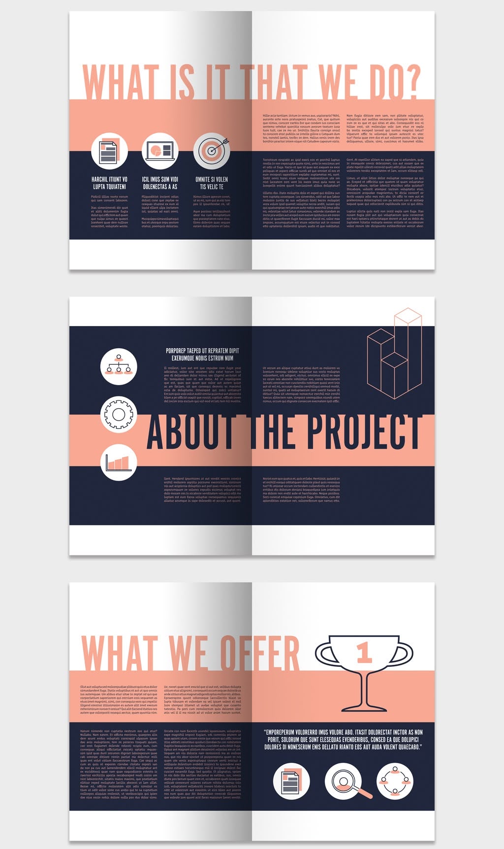 Navy and coral InDesign proposal template, double-page spreads