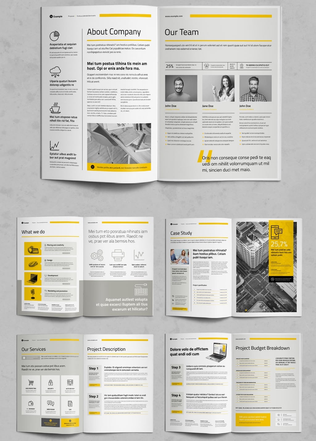 White InDesign proposal template with yellow and grey details, page previews