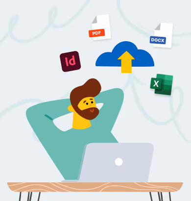 A man in front of a computer looking happy. different logos of file formats